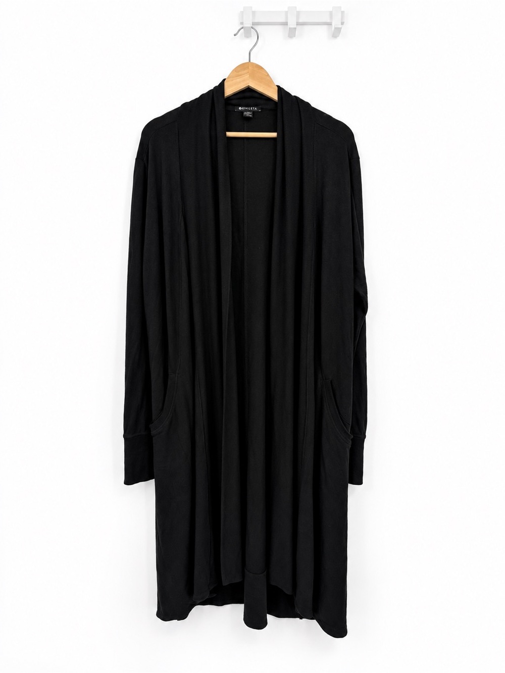 Athleta Black Long Duster Cardigan Open Front Pocket Soft Size Medium Tall